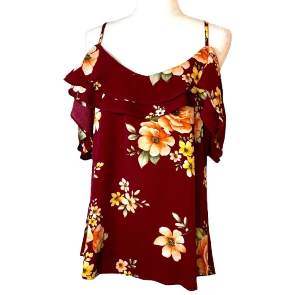 Off or On Shoulder Tropical Floral Ruffle Top Burgundy Size Large